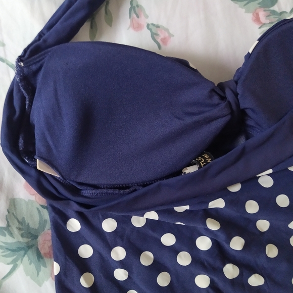 Navy Polka Dot Halter One Piece Swimsuit - Picture 5 of 8